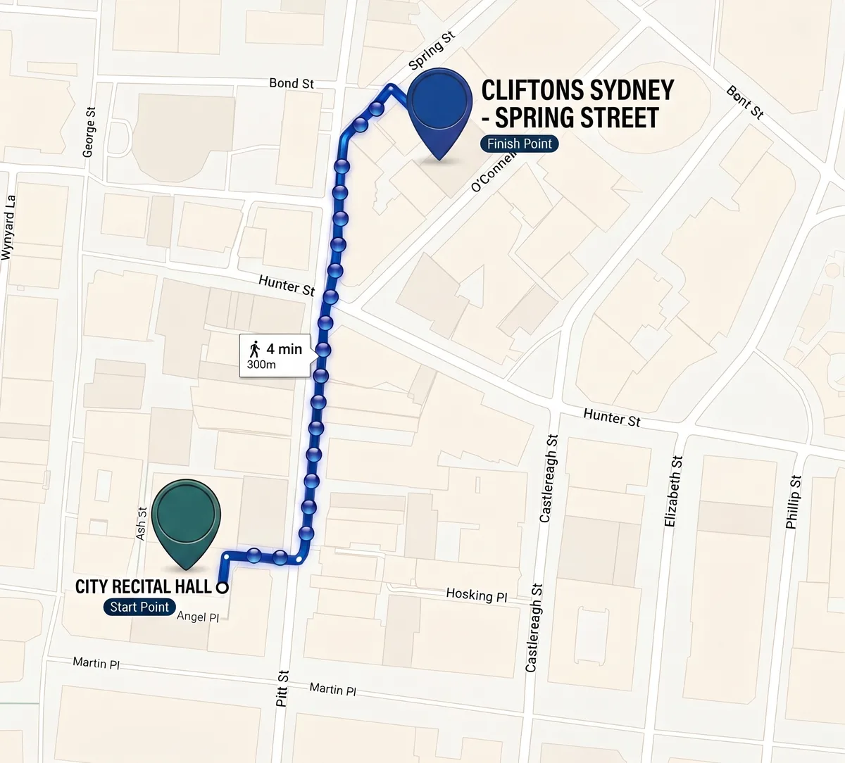 Walking route from City Recital Hall to Cliftons Sydney Spring Street - 4 minute walk, 300 metres